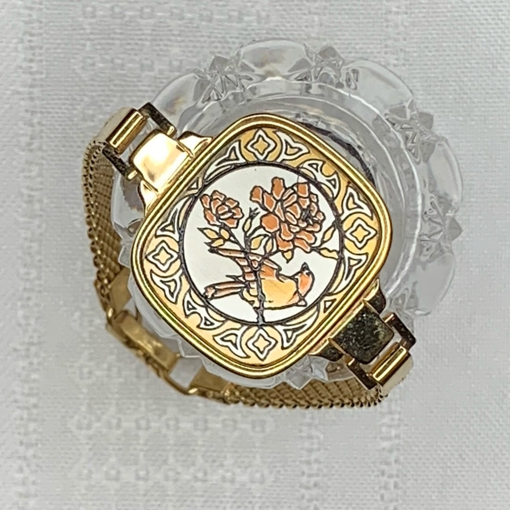 Unique Vintage Bird & Flower gold tone bracelet